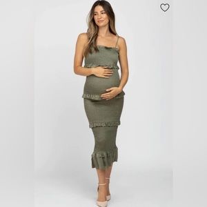 Olive Satin Smocked Fitted Maternity Midi Dress